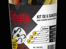 PACK DE 6 SANDOWS : tube plastique brochable composé de 6 sandows panachés en 3 longueurs diam. 8 mm crochets Inversés double Fil, sous boite PLV
